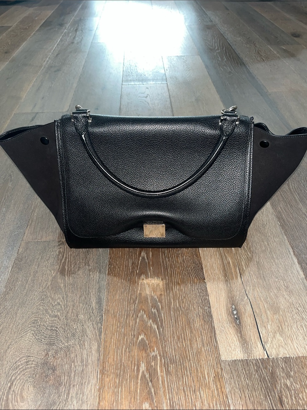 Celine Black Leather Winged Tote with Silver Plaque